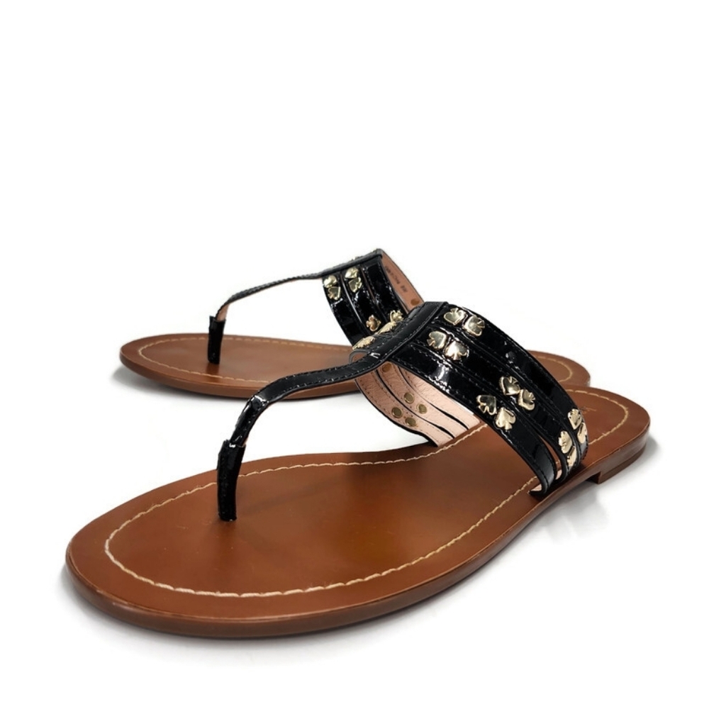 Kate Spade Carol Black Patent Leather Gold Spade Studs Slide-On Thong Sandals - Picture 1 of 11